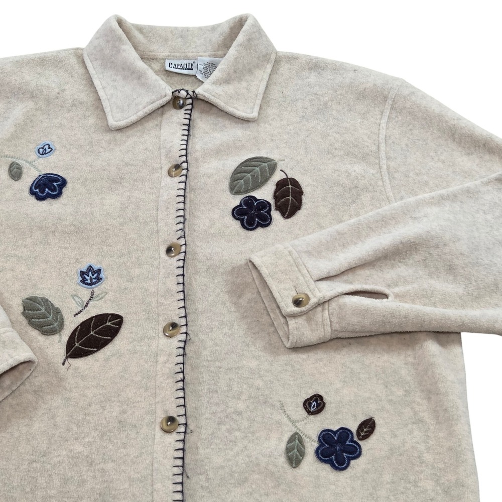 CAPACITY KNITS Womens Beige Embroidered Autumn Fall Fleece Button Up‎ Shirt XL